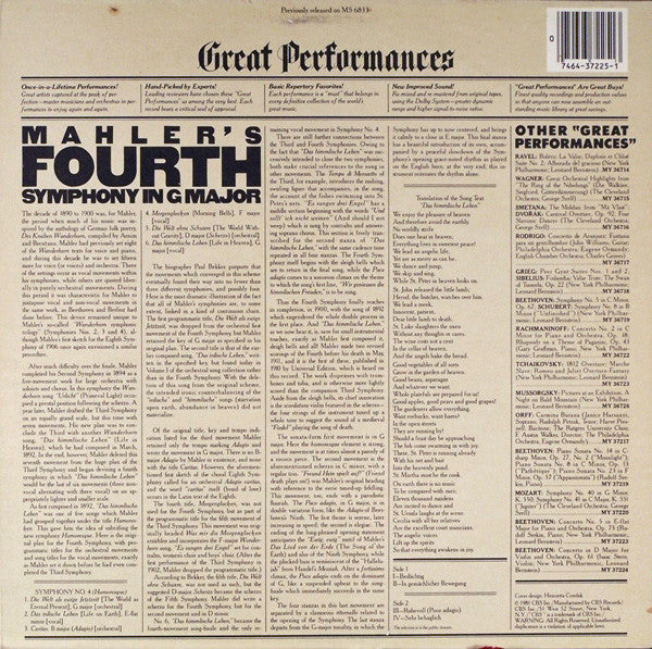 Gustav Mahler / George Szell, The Cleveland Orchestra, Judith Raskin : Mahler's Fourth Symphony In G Major (LP, Album, RE, RM)