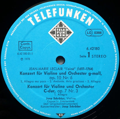 Jean-Marie Leclair / Jaap Schröder : Violinkonzerte Op.VII,3. Op.VII,5. Op.X,6 (LP)