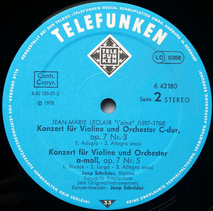 Jean-Marie Leclair / Jaap Schröder : Violinkonzerte Op.VII,3. Op.VII,5. Op.X,6 (LP)