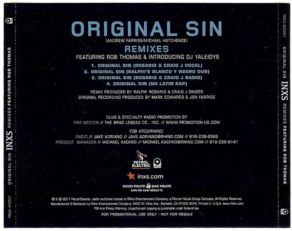 INXS Featuring Rob Thomas & Introducing DJ Yaleidys : Original Sin (Remixes) (CDr, Single, Promo)