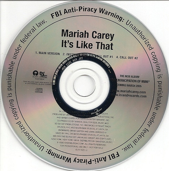 Mariah Carey : It's Like That (CD, Single, Promo)