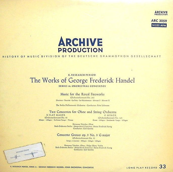 George Frederick Handel* : Four Orchestral Concertos (LP, Mono)
