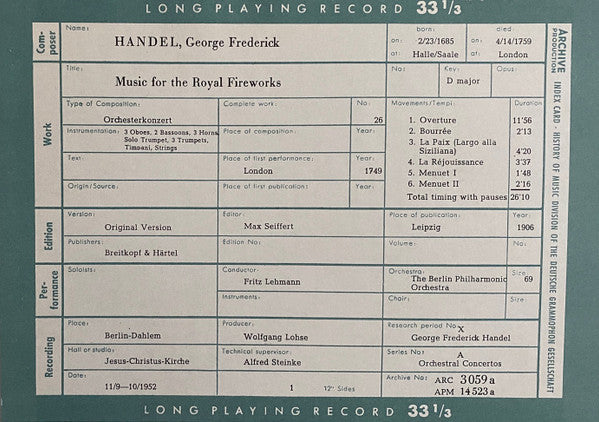 George Frederick Handel* : Four Orchestral Concertos (LP, Mono)