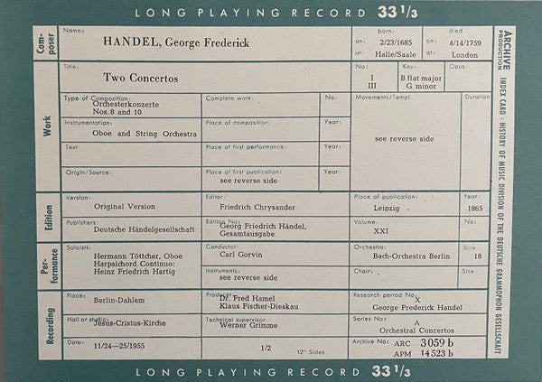 George Frederick Handel* : Four Orchestral Concertos (LP, Mono)