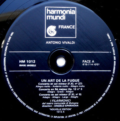 Antonio Vivaldi, Orchestra Del Teatro Comunale Di Bologna, Angelo Ephrikian : Un Art De La Fugue (LP)