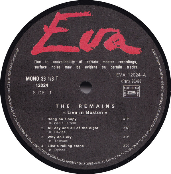 The Remains : Live In Boston (LP, Album, Mono)