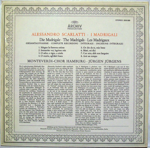 Alessandro Scarlatti - Monteverdi-Chor Hamburg, Jürgen Jürgens : I Madrigali (LP)