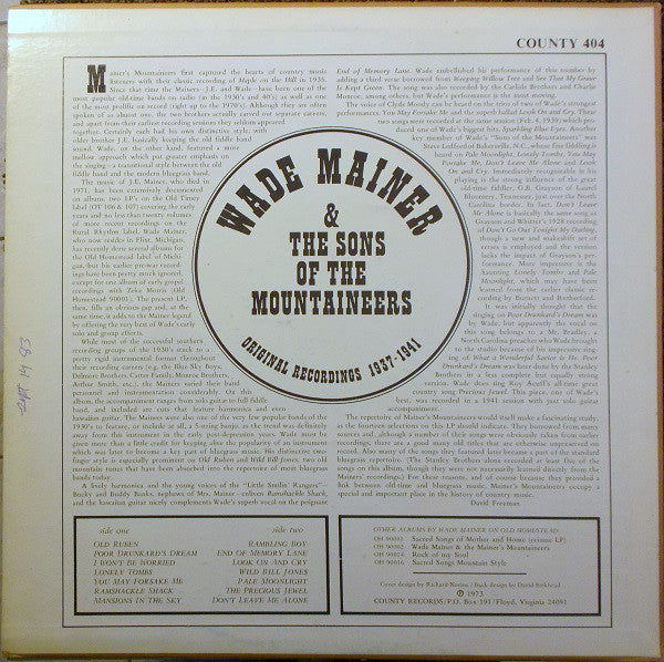 Wade Mainer And Sons Of The Mountaineers : The Songs Of Wade Mainer And The Sons Of The Mountaineers (LP, Comp, RE)