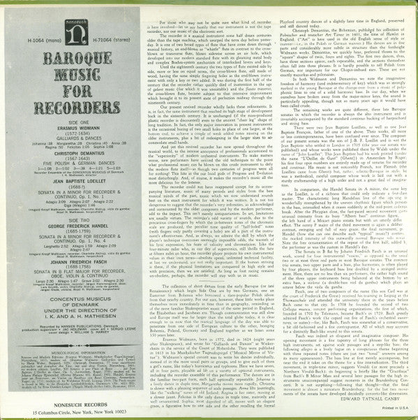 Concentus Musicus Of Denmark Under The Direction Of Irmgard Knopf Mathiesen And Aksel H. Mathiesen : Baroque Music For Recorders (LP, RP)