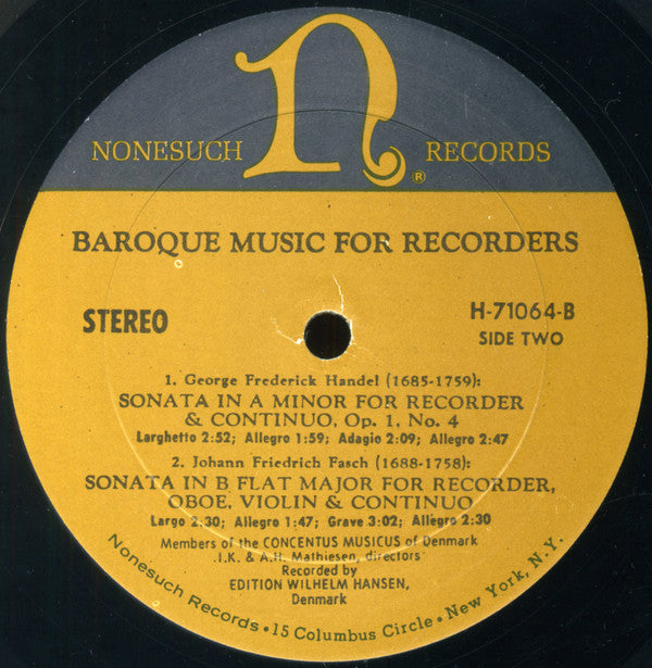 Concentus Musicus Of Denmark Under The Direction Of Irmgard Knopf Mathiesen And Aksel H. Mathiesen : Baroque Music For Recorders (LP, RP)