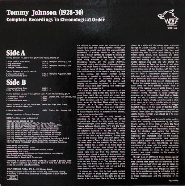 Tommy Johnson : (1928-30) Complete Recordings In Chronological Order (LP, Comp, Mono)