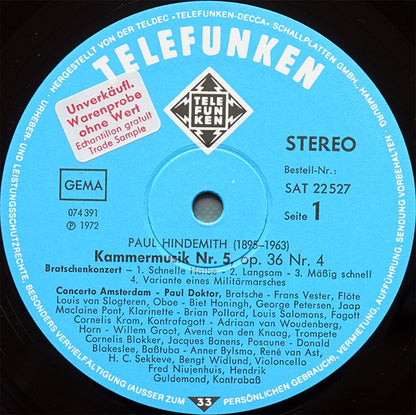 Paul Hindemith, Concerto Amsterdam : Kammermusik Nr. 5 Viola-Concerto - Kammermusik Nr. 6 Viola D´Amore-Concerto (LP, Album)