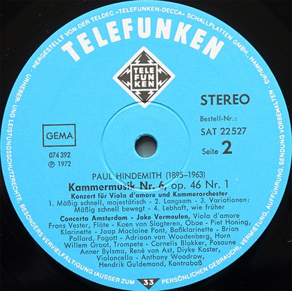 Paul Hindemith, Concerto Amsterdam : Kammermusik Nr. 5 Viola-Concerto - Kammermusik Nr. 6 Viola D´Amore-Concerto (LP, Album)