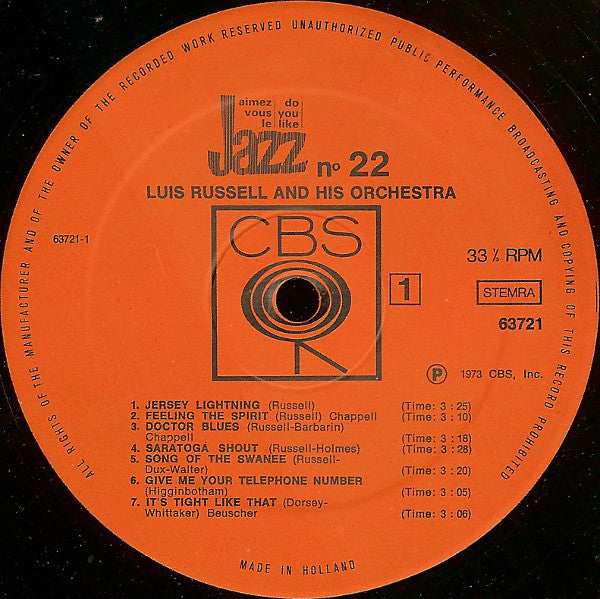 Luis Russell And His Orchestra Featuring J.C. Higginbotham / Henry "Red" Allen / Bill Coleman (2) / Pops Foster :  Luis Russell And His Orchestra Featuring J.C. Higginbotham / Henry Allen / Bill Coleman / Pops Foster  (LP, Comp)
