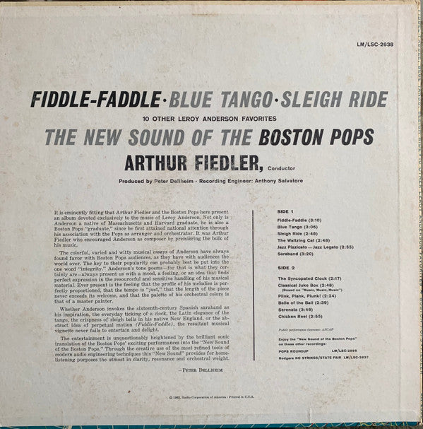 The Boston Pops Orchestra, Arthur Fiedler : Fiddle-Faddle - Blue Tango - Sleigh Ride - 10 Other Leroy Anderson Favorites (LP, Album, Mono)
