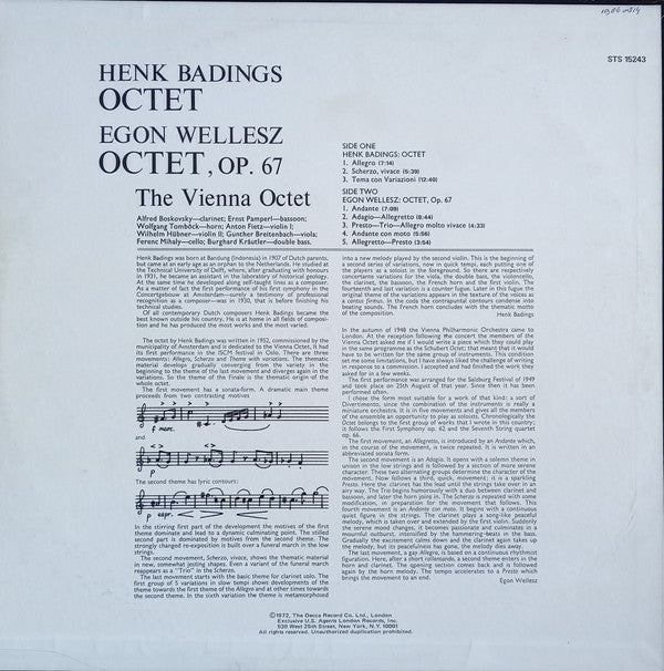 Henk Badings, Egon Wellesz / Wiener Oktett : Octet / Octet, Op. 67 (LP, Album, RE)