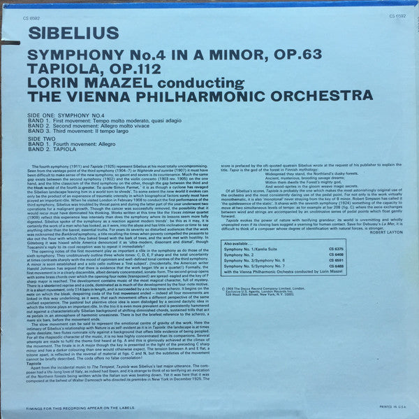 Lorin Maazel, Jean Sibelius, Wiener Philharmoniker : Symphony No.4 / Tapiola (LP)