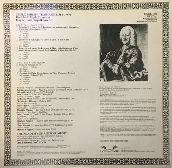 Georg Philipp Telemann - The Academy Of Ancient Music, Christopher Hogwood : Double & Triple Concertos (LP, Album)