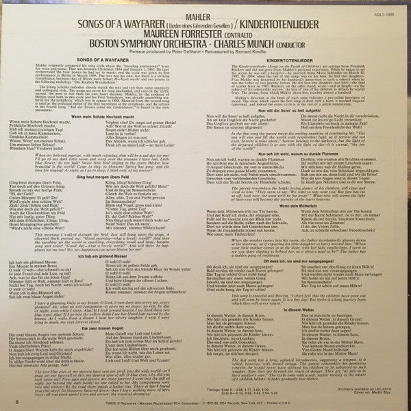 Gustav Mahler : Song Of A Wayfarer - Kindertotenlieder (LP, RE)
