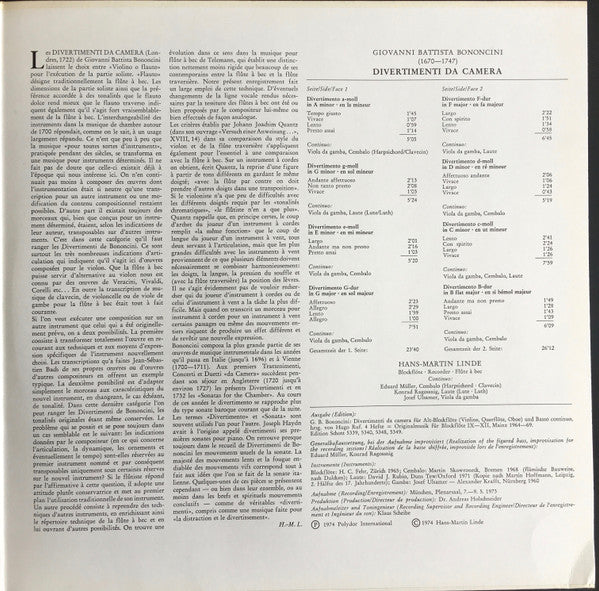 Giovanni Bononcini - Hans-Martin Linde : Divertimenti Da Camera (LP, Gat)