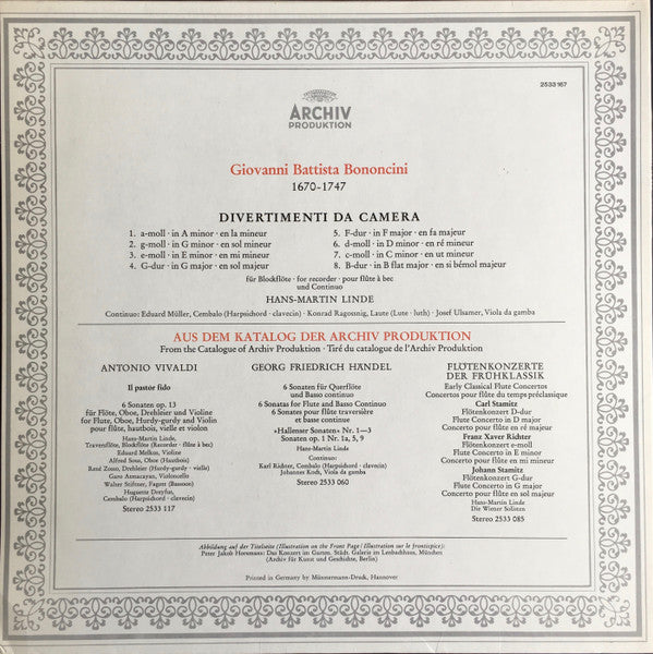 Giovanni Bononcini - Hans-Martin Linde : Divertimenti Da Camera (LP, Gat)