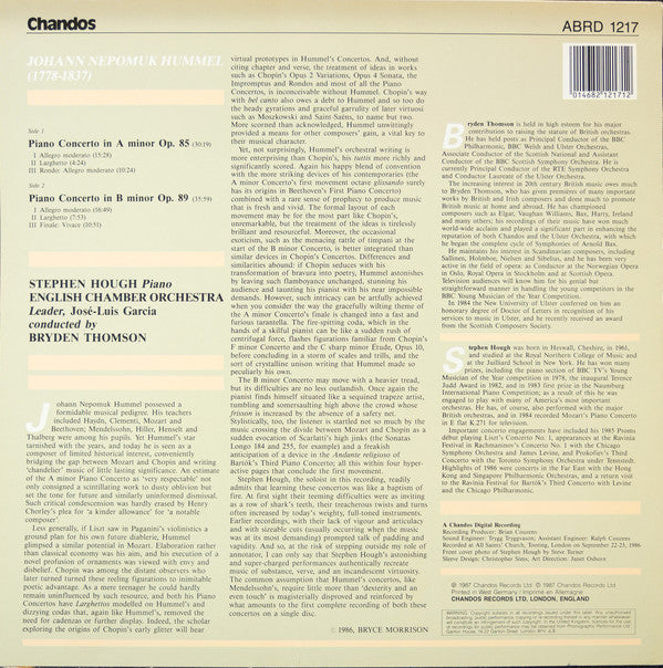 Johann Nepomuk Hummel - Stephen Hough, English Chamber Orchestra, Bryden Thomson : Piano Concerto In B Minor Op. 89 / Piano Concerto In A Minor Op. 85 (LP)