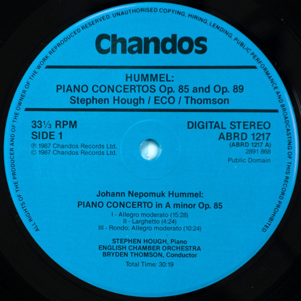 Johann Nepomuk Hummel - Stephen Hough, English Chamber Orchestra, Bryden Thomson : Piano Concerto In B Minor Op. 89 / Piano Concerto In A Minor Op. 85 (LP)