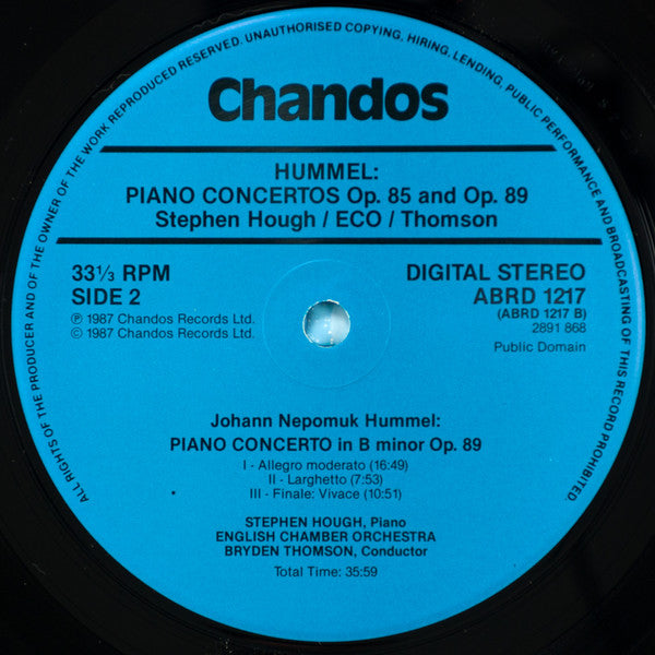 Johann Nepomuk Hummel - Stephen Hough, English Chamber Orchestra, Bryden Thomson : Piano Concerto In B Minor Op. 89 / Piano Concerto In A Minor Op. 85 (LP)
