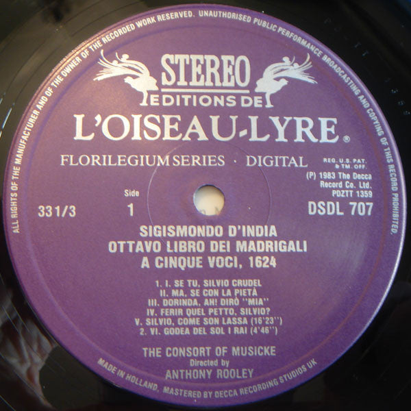 Sigismondo D'India / The Consort Of Musicke / Anthony Rooley : Ottavo Libro Dei Madrigali 1624 (LP)