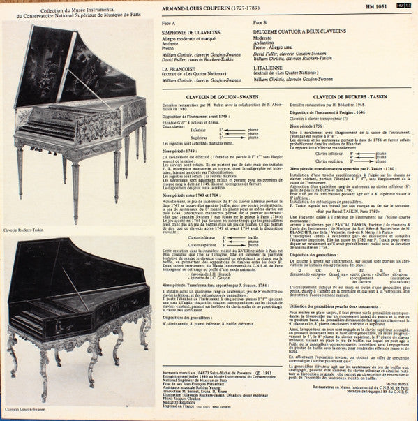 Armand-Louis Couperin, William Christie, David Fuller : Symphonie & Quatuor Pour Deux Clavecins (LP, Album)