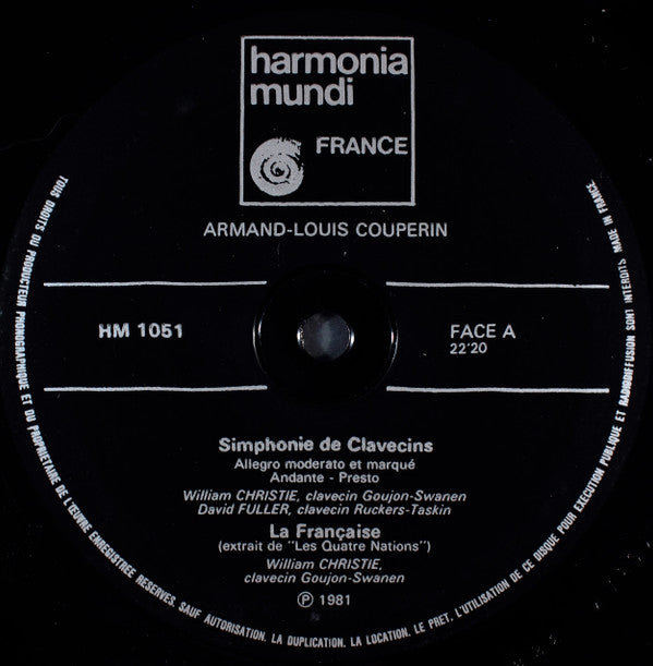 Armand-Louis Couperin, William Christie, David Fuller : Symphonie & Quatuor Pour Deux Clavecins (LP, Album)