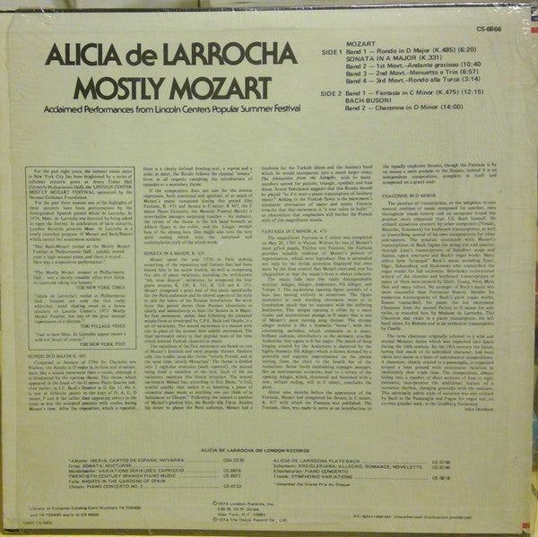Alicia De Larrocha, Wolfgang Amadeus Mozart / Johann Sebastian Bach - Ferruccio Busoni : Mostly Mozart  Rondo In D Major, K.485 / Sonata In A Major, K.331 / Fantasia In C Minor, K.475 / Chaconne (LP)