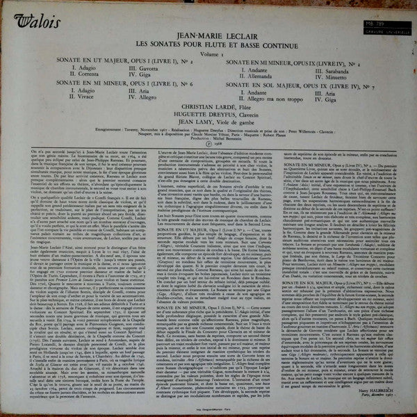 Jean-Marie Leclair : Les Sonates Pour Flutes Et Basse Continue - Volume I (LP, Album)