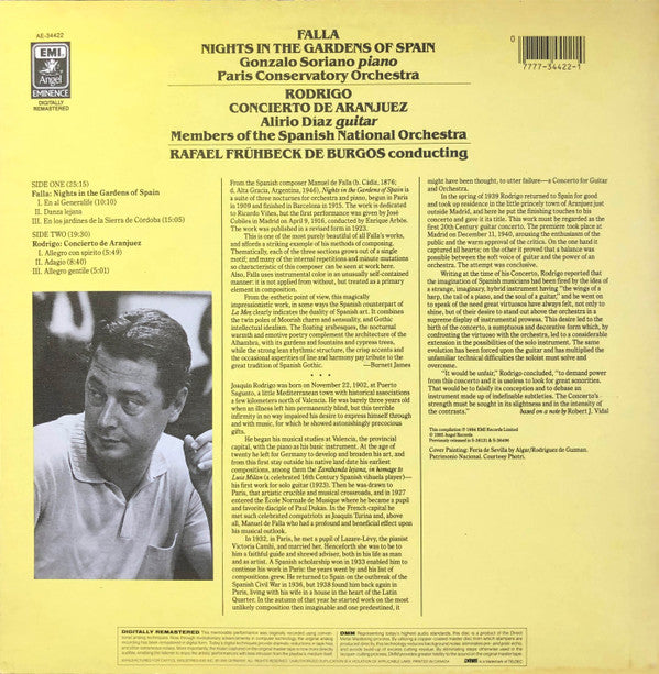 Manuel De Falla / Joaquín Rodrigo - Gonzalo Soriano • Alirio Díaz • Rafael Frühbeck De Burgos : Nights In The Gardens Of Spain / Concierto De Aranjuez (LP, Comp, RM)