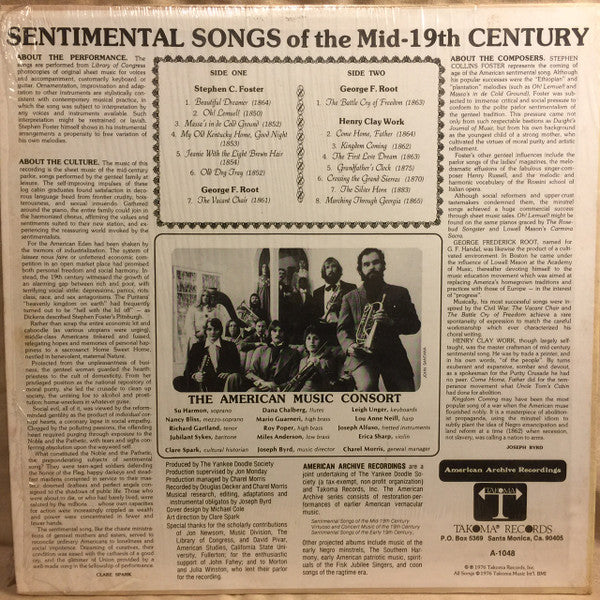 Stephen Foster, Henry Clay Work, George F. Root, The American Music Consort : Sentimental Songs Of The Mid-Nineteenth Century  (LP, Album)