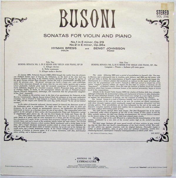 Ferruccio Busoni, Hyman Bress, Bengt Johnsson : Violin Sonatas 1 & 2 (LP)