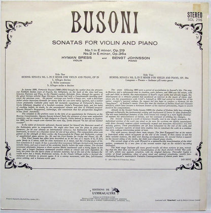 Ferruccio Busoni, Hyman Bress, Bengt Johnsson : Violin Sonatas 1 & 2 (LP)