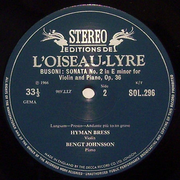 Ferruccio Busoni, Hyman Bress, Bengt Johnsson : Violin Sonatas 1 & 2 (LP)