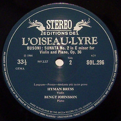 Ferruccio Busoni, Hyman Bress, Bengt Johnsson : Violin Sonatas 1 & 2 (LP)