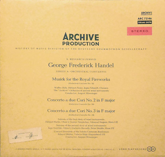 Georg Friedrich Händel - Bläservereinigung Der Archiv Produktion, Konzertgruppe Der Schola Cantorum Basilensis Conductor: August Wenzinger : Musick For The Royal Fireworks / Concerto A Due Cori No. 2 In F Major / Concerto A Due Cori No. 3 In F Major (LP)
