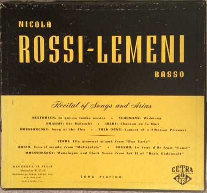 Nicola Rossi-Lemeni : Recital Of Songs And Arias (LP)
