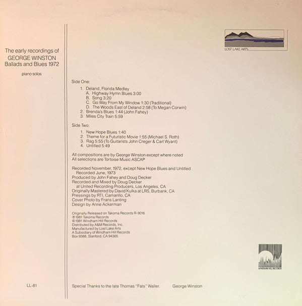 George Winston : Ballads And Blues 1972 (LP, Album, RE)