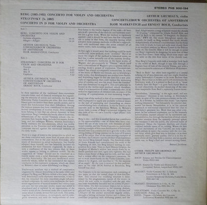 Arthur Grumiaux / Alban Berg / Igor Stravinsky : Violin Concertos (LP, Album)