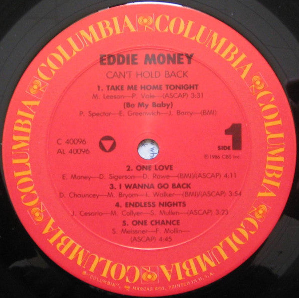 Eddie Money : Can't Hold Back (LP, Album, Pit)