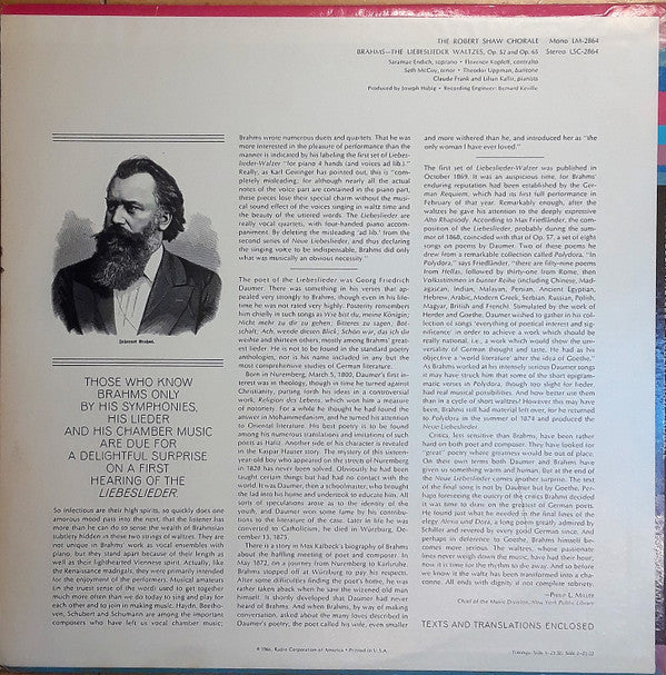 The Robert Shaw Chorale : Brahms/The Liebeslieder Waltzes Op. 52 And Op. 65 (LP, Album, Ind)