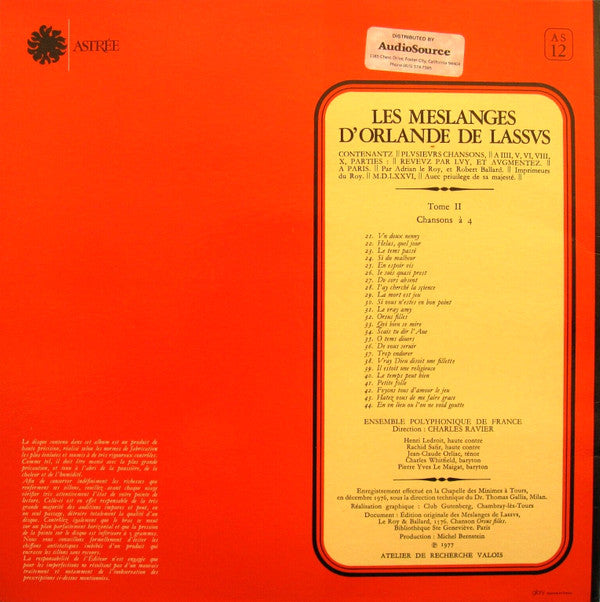 Roland de Lassus - Charles Ravier, Ensemble Polyphonique De L'O.R.T.F. : Les Meslanges D'Orlande De Lassus - Tome II - Chansons 21 À 44 (LP)