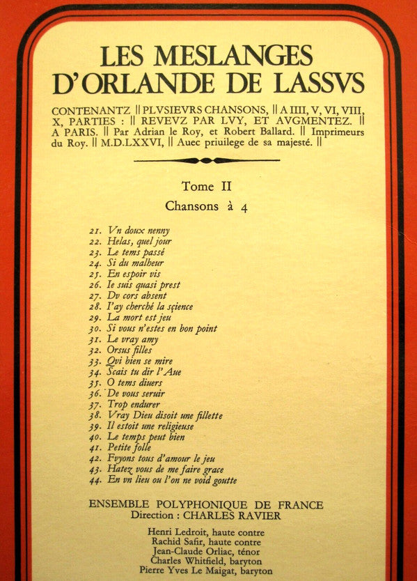 Roland de Lassus - Charles Ravier, Ensemble Polyphonique De L'O.R.T.F. : Les Meslanges D'Orlande De Lassus - Tome II - Chansons 21 À 44 (LP)