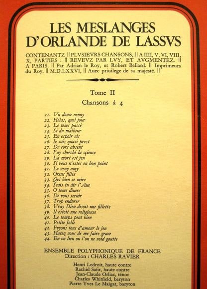 Roland de Lassus - Charles Ravier, Ensemble Polyphonique De L'O.R.T.F. : Les Meslanges D'Orlande De Lassus - Tome II - Chansons 21 À 44 (LP)