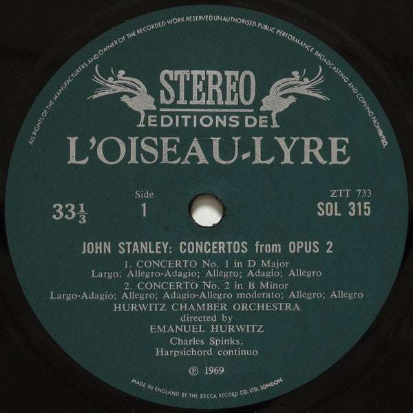 John Stanley (2), Hurwitz Chamber Orchestra, Emanuel Hurwitz : Concertos From Opus 2  (LP)