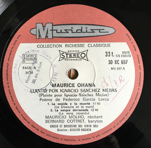 Maurice Ohana : Llanto Por Ignacio Sánchez Mejías - Sarabande (LP)
